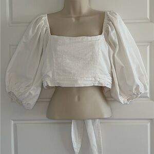 Mustard Seed Cotton Crop Top Puff Balloon Sleeves Tie Back Size Small Boho White